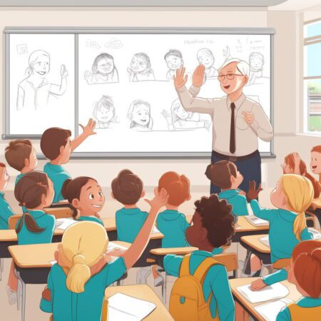 Eine klasse voller Kinder die Ihre Hand heben in der deuschen Schule auf Mallorca